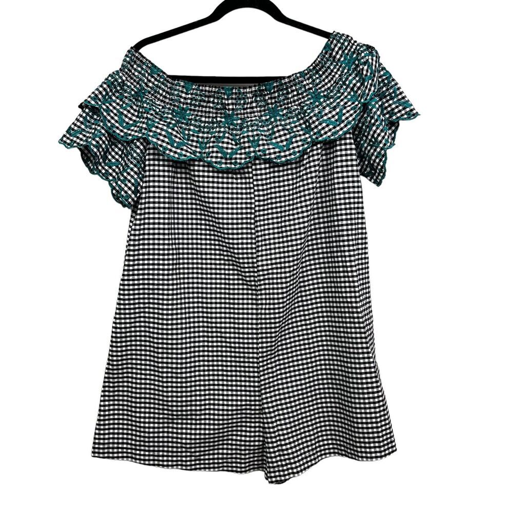 LOFT Beach Womens Gingham Romper Off Shoulder Checkered Embroidered Collar Sz M*
